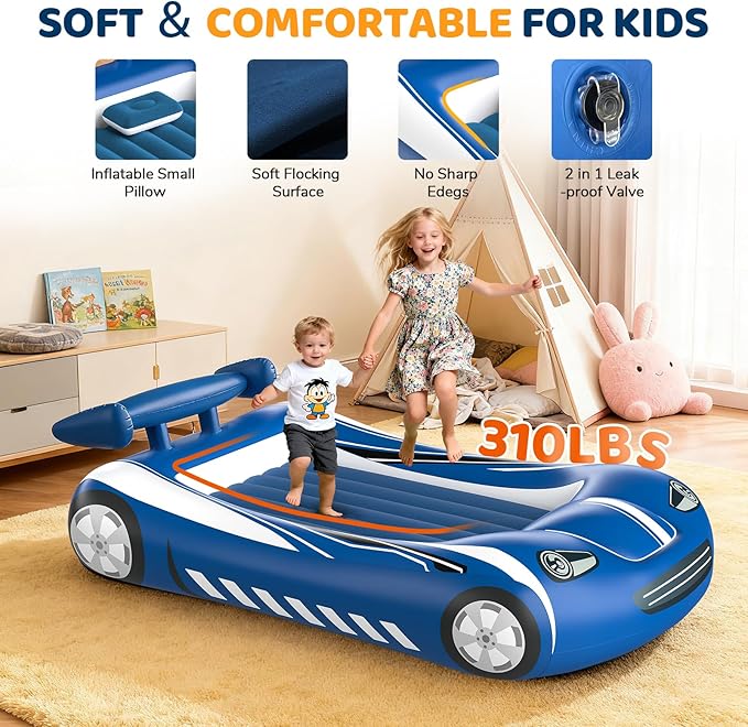 Inflatable Toddler Travel Bed - Kids Air Mattress with Car Design,Toddler Blow Up Mattress for Baby Camping, Travel, Hotel, Grandma's Sleepovers or Home Use, Includes Electric Pump
