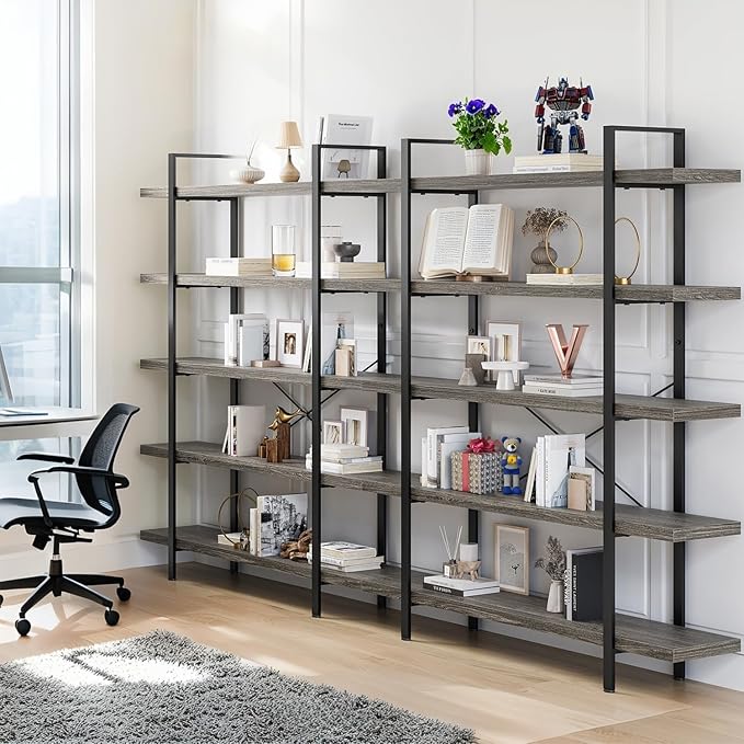 Bookcase, 47 Inch Wide Wood Bookshelf, 120lbs Shelf Capacity, Rustic Open Shelving Industrial Display with Reinforced Horizontal Shelves for Living Room Bedroom Office (5 Tier - Grey) 2 Set