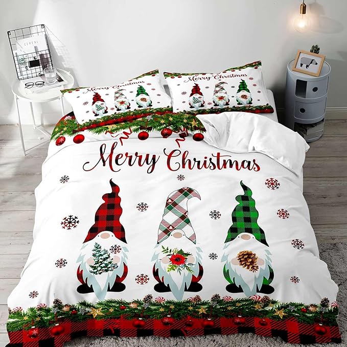 LUVIVIHOME 3PCS Christmas Gnome Duvet Cover Queen, Christmas Bedding, White Duvet Cover, Holiday New Year Santa Claus Snowflake Black Red Checkered Buffalo Plaid Comforter Quilt Cover, 2 Pillow Cases