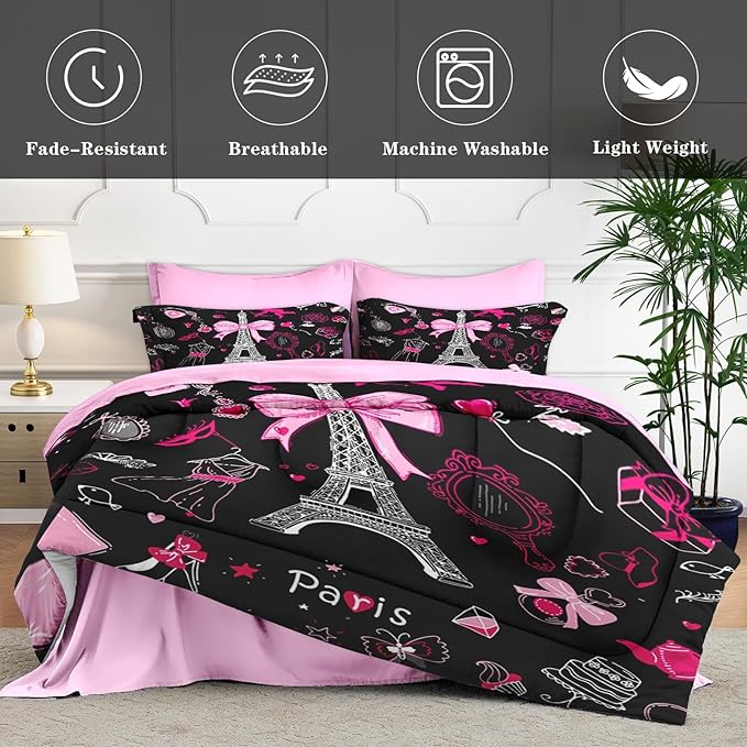 7 Pcs Queen Size Comforter Set with 2 Pillowcases & 2 Shams, Paris Eiffel Tower Bedding for Kids and Adults, Cute Pink Makeup Fashion Dress Bed in a Bag with Flat Fitted Sheet