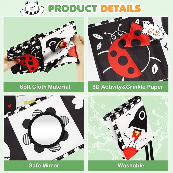 High Contrast Baby Toys for Newborn, Tummy Time Black and White Baby Toys for 0-6 Months, Soft Montessori Visual Stimulation Sensory Infant Book, Boy Girl Shower Gift Christmas Stocking Stuffers