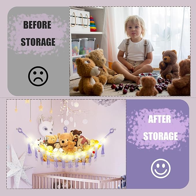 Stuffed Animal Hammock with LED Light, Large Stuffed Animals Storage Corner Plushie Net for Kids Room Decor, 2 Packs Purple