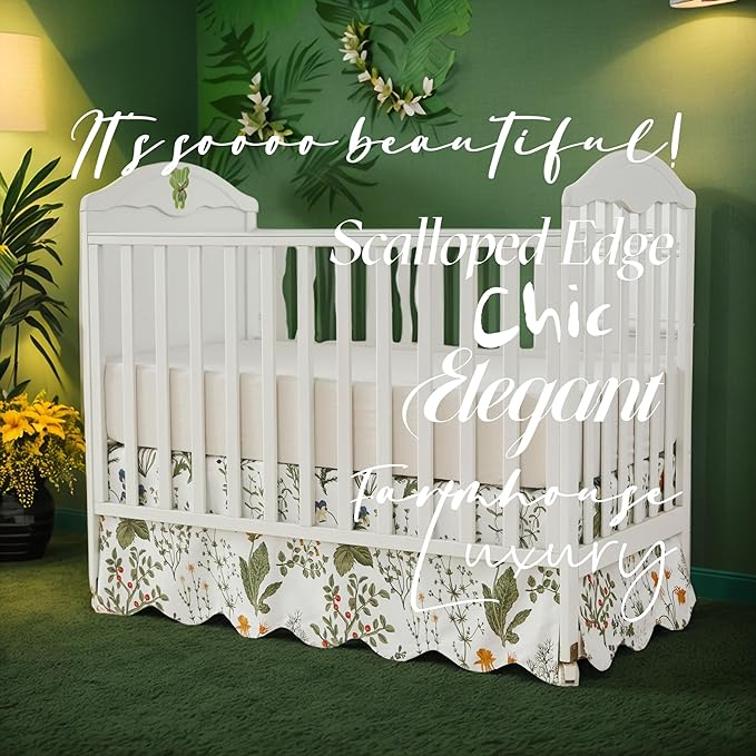 Brandream Scallop Edge Cotton Crib Skirt Toddler Bedskirt Baby Nursery Crib Bed Skirt Boho Bohemian Neutral Vintage Sage Green Botanical Floral Farmhouse Chic Boho Bohemian Skirt