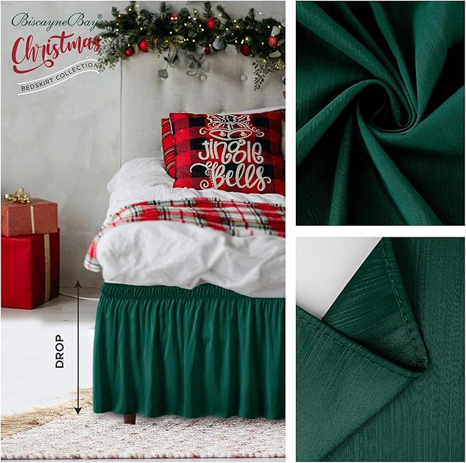 Biscaynebay Wrap Around Bed Skirts for King & Cal King Beds 15" Drop, Christmas Hunter Green Adjustable Elastic Dust Ruffles Easy Fit Wrinkle & Fade Resistant Silky Luxurious Fabric Machine Washable