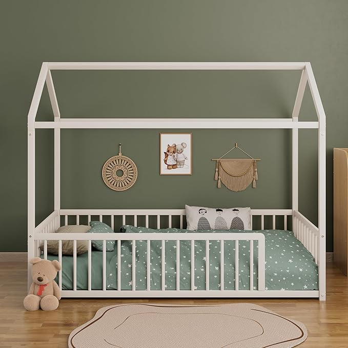 Twin Size Metal Floor Bed Frame,House Shaped Bed with Fence for Kids and Toddlers,Easy Assemble, No Slats,White