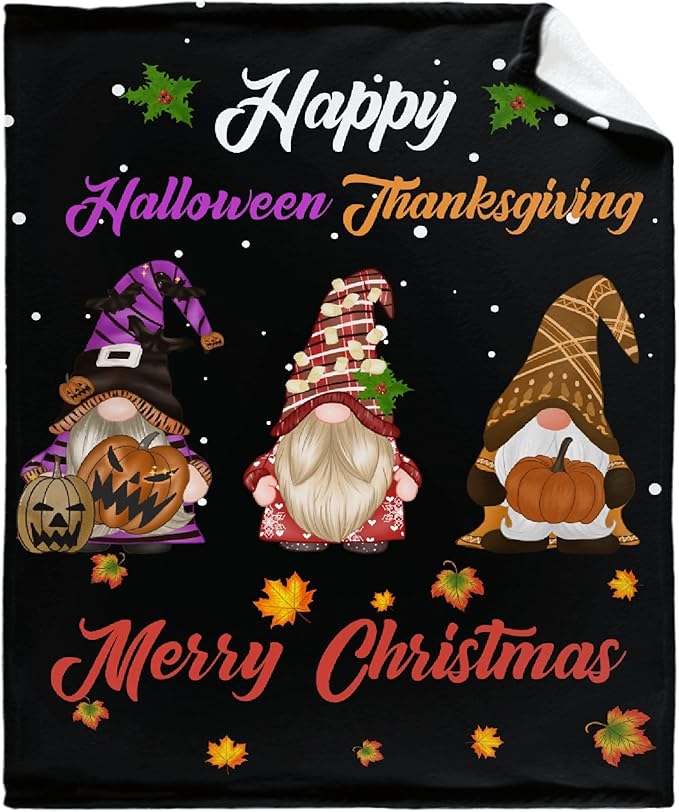 Thuswarm Happy Halloween Thanksgiving Christmas Flannel Throw Blanket Soft Warm Gnomes Print Blankets for Bed Couch Sofa Room Decoration Gifts 40”×30” XSmall for Pets