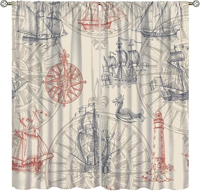 Abstract Nautical Curtain Set Seahorse Curtain for Kids Yellow Polyester Fabric Bedroom Curtain Set 2 Panels,55x63 Inches
