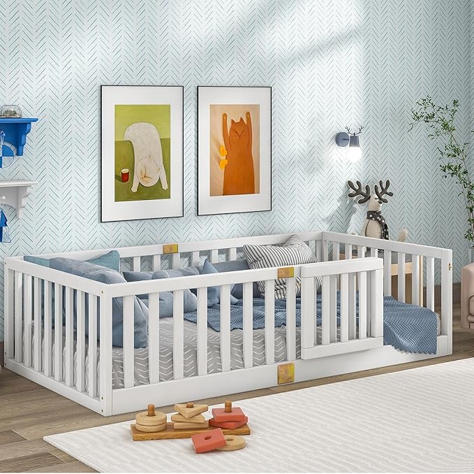 Tatub Twin Montessori Floor Bed with High Rails, Solid Wood Montessori Bed Frame for Kids, Door Can Install Left and Right, Twin-White