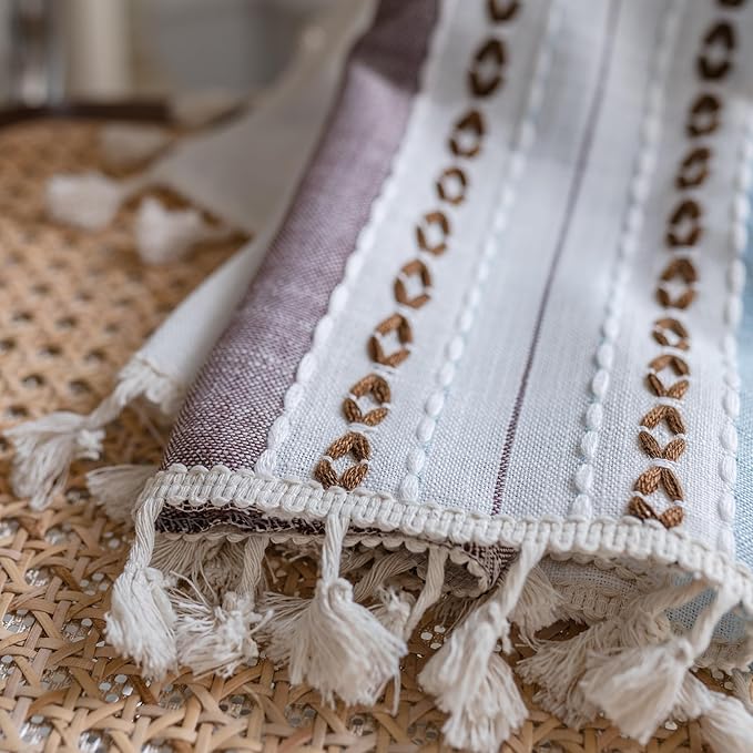 Deeprove Boho Linen Curtains 84 inch for Bedroom Living Room, Semi Blackout Textured Farmhouse Tassels Window Treatment Bohemian Embroidery Drape Rod Pocket 1 Panel 52" W x 84" L, Blue and Brown