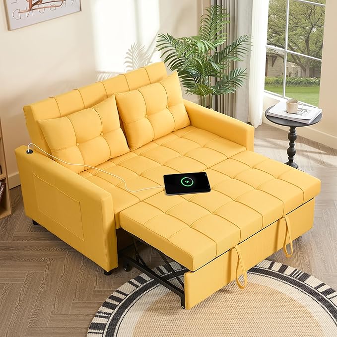 52" Sleeper Sofa with Pull-Out Bed, 3-in-1 Convertible Sofa Bed, Loveseat with Stepless Adjustable Backrest and Side Pocket, for Living Room Dorm Apartment, Linen, Yellow