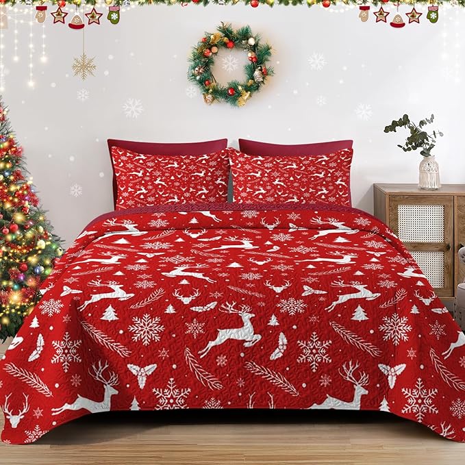 Christmas King Size Quilt Set, White Funny Reindeer Lightweight Bedspread Coverlet with Pillow Shams for Kids and Adults, Winter Snowflake Plants 3 Pcs Bedding Bed Cover