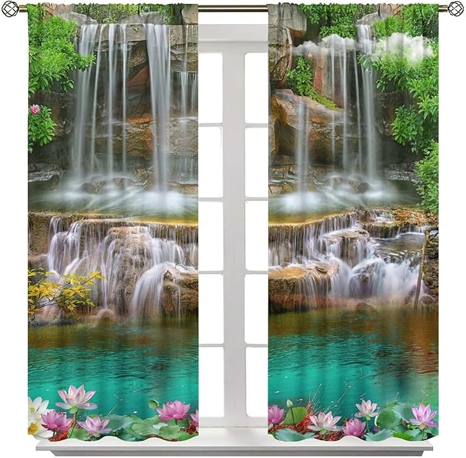 Waterfall Blackout Window Curtains, Rocky Waterfall to Pond Running Off Scenic Nature Themed Picture Print Window Drapes, for Living Room Bedroom 42x63in 2 Panels