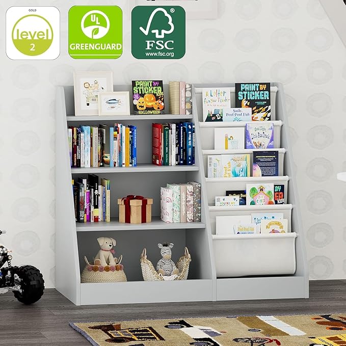NACHES Montessori Kids Bookshelf Fabric Sling Pockets & Open Shelves – Front Facing Toddler Book Display and Toy Storage Organizer for Nursery Playroom or Bedroom 35" Wide (Gray, Middle)