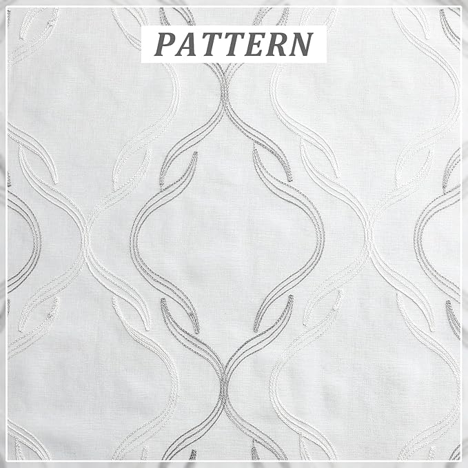 VISIONTEX Sheer Curtains 95 Inches Long 2 Panels Set, Grey and Ivory Moroccan Embroidery Texture Geometric Rod Pocket White Voile Tulle Semi Window Treatment Pair for Bedroom, W54 x L95