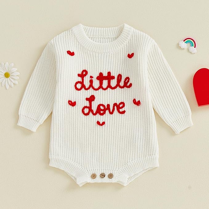 Lesimsam Newborn Baby Boy Girl Valentines Day Outfit Oversized Embroidery Long Sleeve Knit Sweater Bubble Romper Bodysuit