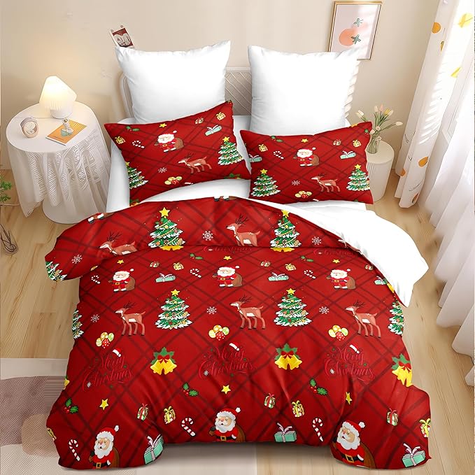 Christmas Duvet Cover Full Size Red Gingham Christmas Bedding Set Kids Boys Girls Xmas Grid Checked Cartoon Deer Pattern Comforter Cover 3 Pieces with Zipper Closure (No Comforter)