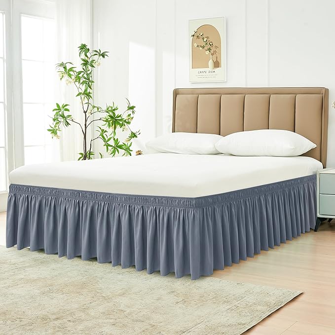Biscaynebay Wrap Around Bed Skirts for Queen Beds 19" Long Drop, Dark Grey Adjustable Elastic Dust Ruffles Easy Fit Wrinkle & Fade Resistant Silky Luxurious Fabric Solid Machine Washable