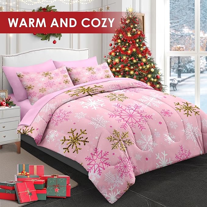 7 Pcs Full Size Christmas Comforter Set with 2 Pillowcases & 2 Shams, Pink Winter Snowflake Bedding for Kids and Adults, Funny Sparkle Farm Bed in a Bag with Flat Fitted Sheet