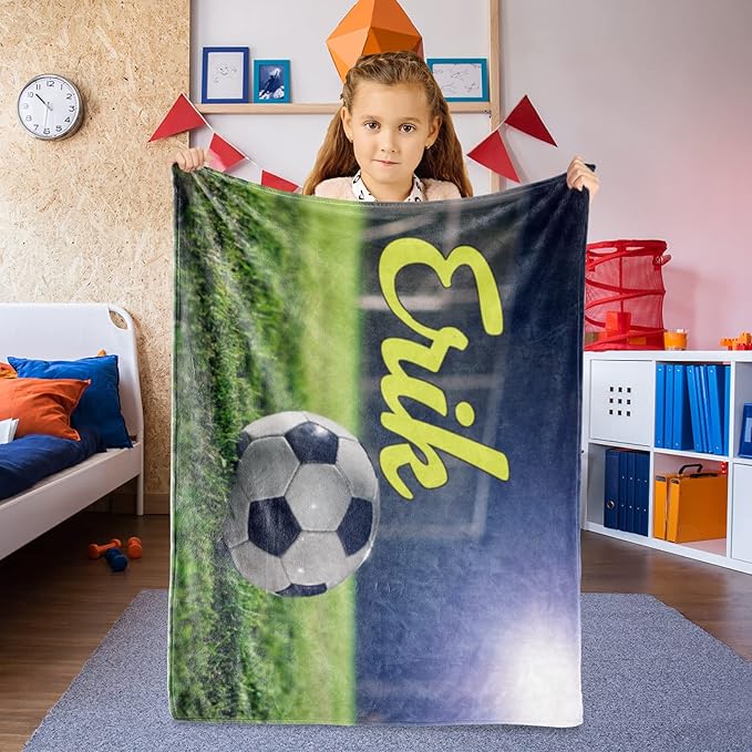 Personalized Baby Balll Soft Blanket: Custom Kids Soccer Design Blanket with Name and Number - Bedding Gifts for Infants Toddlers Adults 30x40inch