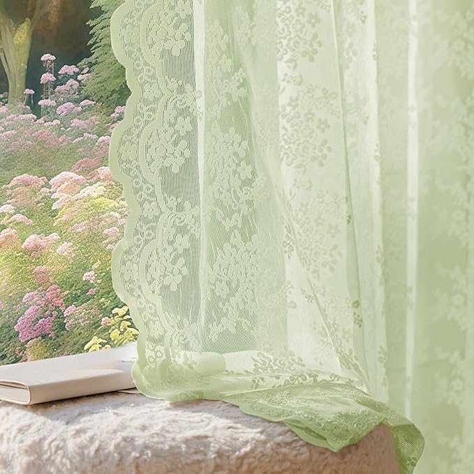 Anmao Vintage Lace Curtains 80 Inches Long 2 Panels, Romantic Semi Sheer Floral Lacy Curtain for Living Room, Elegant Window Drapes for Bedroom, Each Panel 55W x 80L, Light Green