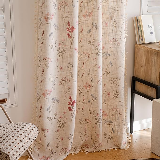 ENJOYBRIDAL Floral 84 Inch Curtains for Bedroom Living Room Drapes Boho 2 Panel Sets Light Filtering Floor Length Window Curtains Patterned Rustic Farmhouse Rod Pocket Semi Sheer Window Treatments