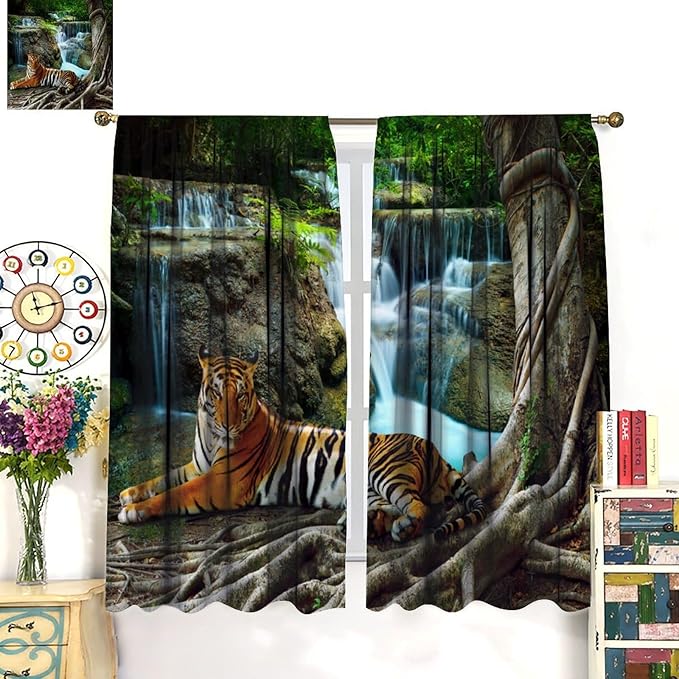 Waterfall Landscape Blackout Curtains, Spring Forest Animal Tiger Tree Waterfall Nature Window Drapes, for Bedroom Living Room 63" W X 72" L