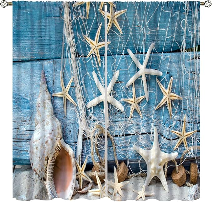 Marine Life Blackout Curtains Watercolor Water Grass Shell Print Curtains for Living Room Bedroom Privacy Curtains 84x84 Inches