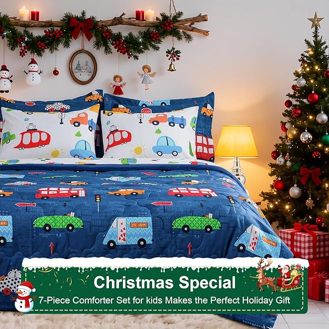 Wajade Cartoon Cars Comforter Set Bed in A Bag Full Size Colorful Cars Bus Van Traffic Lights Bedding Set for Boys Kids (1 Comforter, 1 Flat Sheet, 1 Fitted Sheet, 2 Pillowcase and 2 Pillow Sham)