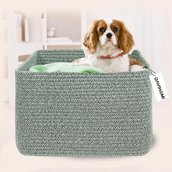 Rectangular Woven Cotton Rope Basket for Organizing, Gift Baskets for Handles, Empty Gift Baskets, Medium Rope Basket|13.5" x 11" x 9.5" home decor for Living Room, Bathroom(Green)