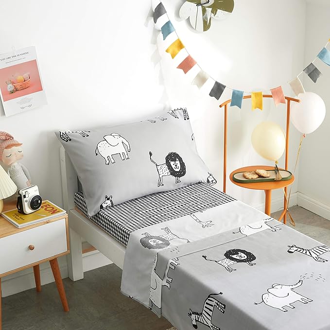 Flysheep 4 Piece Gray Grey Toddler Bedding Set with Multi Animals Printed for Baby Boys - Includes Quilted Comforter, Flat Sheet, Fitted Sheet & Pillow Case, Soft & Comfortable Microfiber