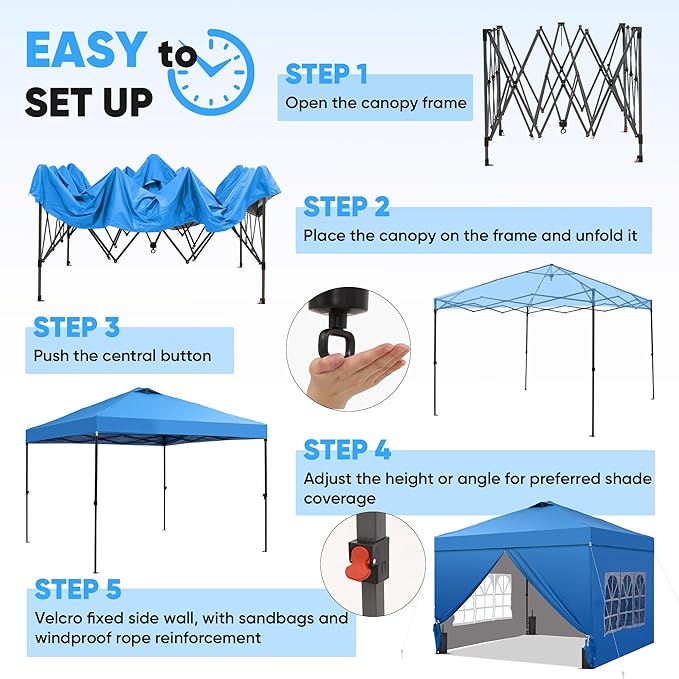 GDY 12x12 Pop Up Canopy Tent with 4 Sidewalls, Easy Set up with One Push Lift Outdoor Silver Coated Beach Gazebos, Carpas for Pool, Events, Parties, and Camping, Blue.