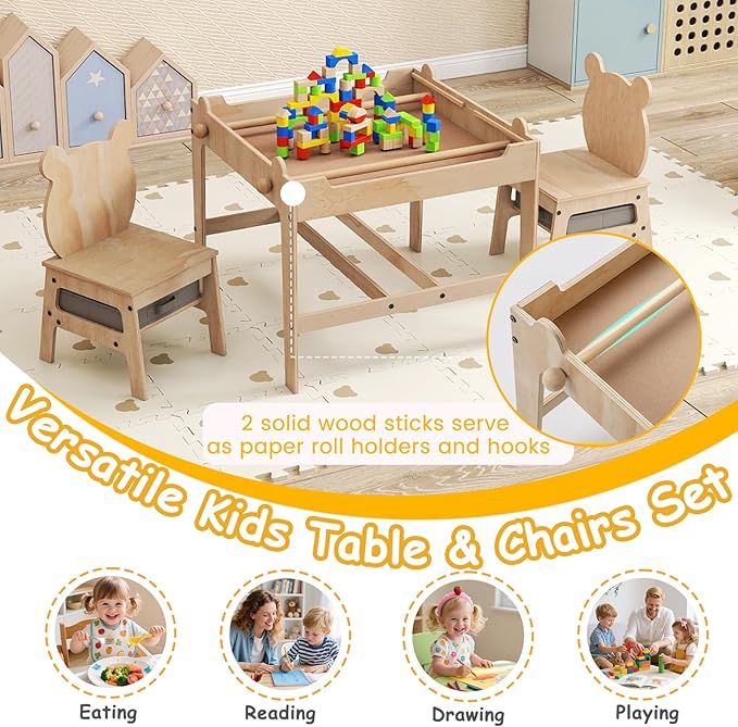 Costzon Kids Table and Chairs, 4 in 1 Wooden Activity Desk Set w/Reversible Whiteboard & Chalkboard, Hidden Storage Space and Drawers for Arts, Crafts, Play, Toddler Table and Chair Set (Bear Shape)