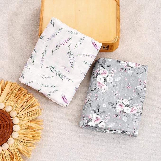 Baby Muslin Swaddle Blankets,2 Pack Receiving Blanket Baby Girl & boy,Large47 x 43 inches,Soft & Skin Friendly Swaddle Blanket Wrap(Florals)