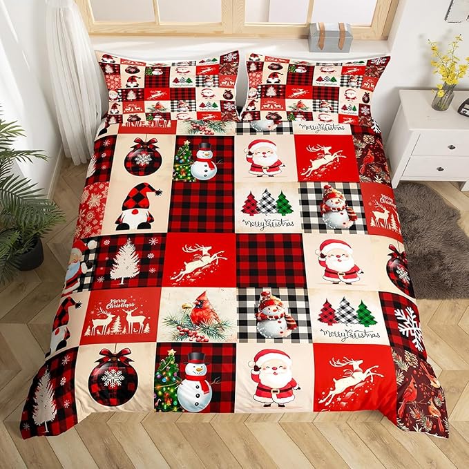 Manfei Christmas Duvet Cover Set Twin Size, Deer Tree Snowman Santa Claus Print Comforter Cover with 1 Pillowcase, Plaid Grid Print Bedding Set 2pcs for Kids Boys Girls Bedroom Decor,No Comforter