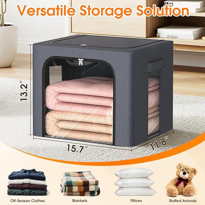 4 Pack Clothes Storage Bins with Metal Frame, 40L Foldable Fabric Storage Boxes with Clear Window, Front & Top Zipper Openings, Stackable Organizer Bins with Handles for Closet & Bedroom (Light Grey)