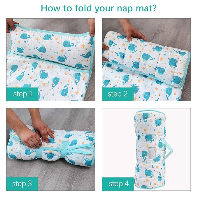 Biloban Toddler Nap Mat with Pillow and Blanket, Cot Nap Mats for Daycare Preschool, Portable Travel Sleeping Bag for Kids, Warm & Skin-Friendly, Blue Whale, 50" x 21"