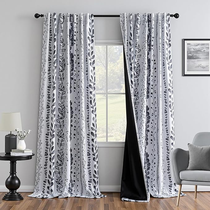 MEETSKY Boho Blackout Leaves Patterned Curtains 84 Inch Long 2 Panels Set for Bedroom, Room Darkening Dark Grey Drapes for Living Room, Thermal Insulated Rod Pocket Back Tab Window Treatment, 50"Wide
