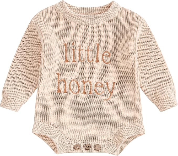 Lesimsam Newborn Baby Boy Girl Valentines Day Outfit Oversized Embroidery Long Sleeve Knit Sweater Bubble Romper Bodysuit