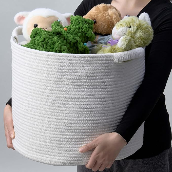Blanket Basket - Woven Round Rope Storage Basket (16"Wx14"H) for Blankets & Throws, Small Laundry & Toy Organizer, Decorative Living Room & Bedroom Cotton Basket - All White