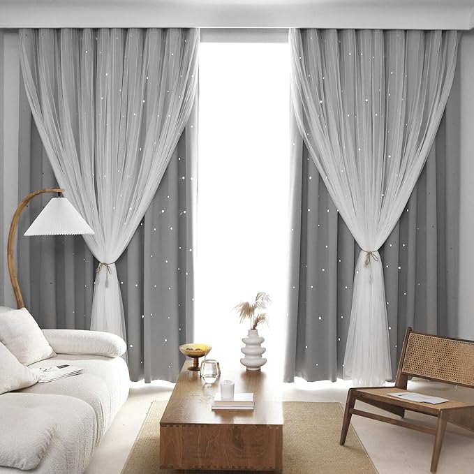 Kinryb Kids Blackout Curtains for Bedroom/Living Room/Classroom, Sheer Overlay Extra Long 2 Panel Set, Double Layer Curtains with Star Cutout for Kids Room(W 52 x L 108 Inches,Silver Grey 2 Pcs)