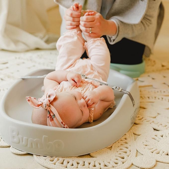 Bumbo Baby Changing Pad for Dresser or Table Top, Portable & Wipeable Non Slip Soft Contoured Diaper Change Station with Harness, Cool Grey
