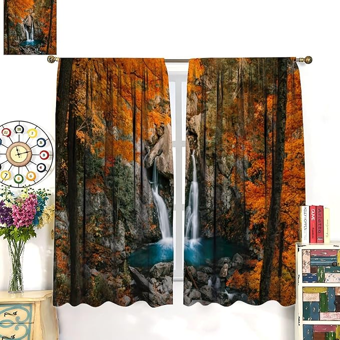 Autumn Waterfall Blackout Windows Curtains, Rustic Farmhouse Fall Forest Landscape Window Drapes, for Living Room Bedroom 63" W X 63" L