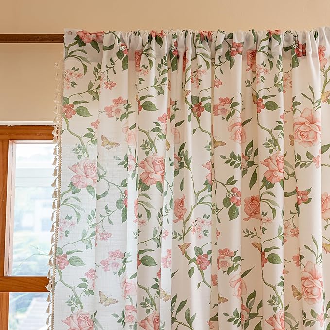 ENJOYBRIDAL Pink Floral 96 Inch Curtains for Bedroom Living Room Drapes Semi Sheer Boho Rod Pocket Long Window Curtains 2 Panel Sets Farmhouse Light Filtering Vintage Cute Window Treatments