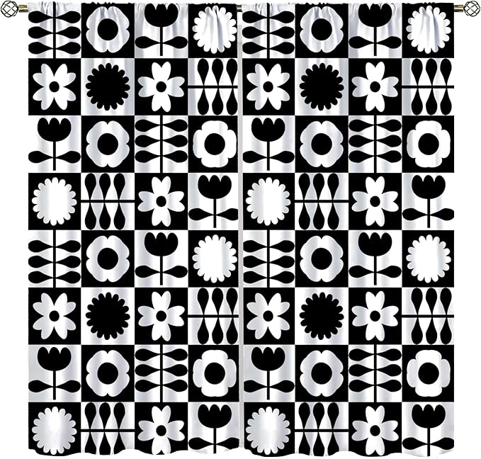 Mid Century Geometric Floral Curtains,Vintage 70s Window Treatments for Boys Girls Kids Bedroom Curtains,Boho Black and White Floral Curtains 42"" W X 63"" L, Style-10