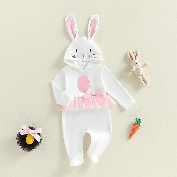 Twopumpkin My First Easter Outfit Baby Girl Newborn Bunny Onesie Ruffle Tulle Tutu Dress Romper Hooded Jumpsuit With Ear