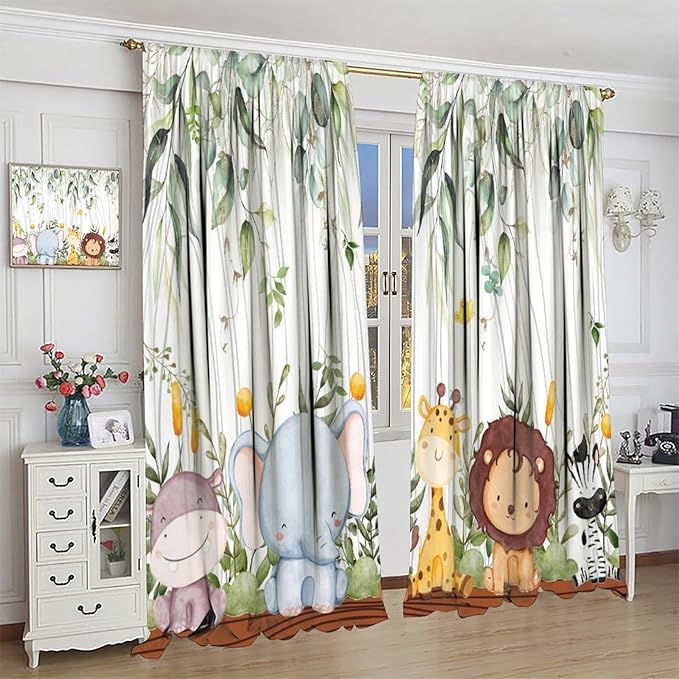 YCness Forest Animal Curtains, Watercolor Wild Animal Bear Fox Deer Kids Window Treatments for Living Room Bedroom, Green Woodland Tree Kids Drapes 2 Panel Sets,42x45 Inch