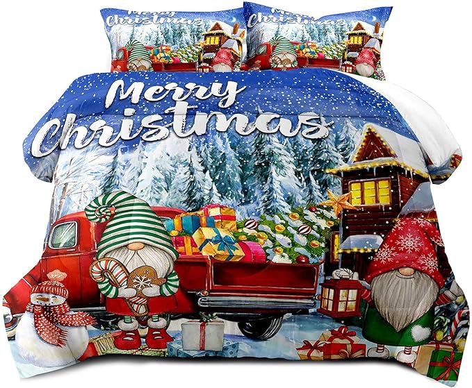 LUVIVIHOME 2PCS Merry Christmas Comforter Set Twin Size, Teens Boys Girls Kids Bedding, Cute Snowman Gnome Red Truck Winter Snowflake Happy New Year Christmas Bedroom Decor, Xmas Gifts, 1 Pillow Sham
