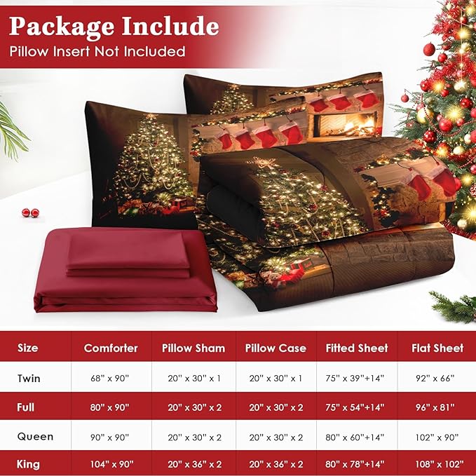 7 Pcs Queen Size Christmas Comforter Set with 2 Pillowcases & 2 Shams, Vintage Fireplace Tree Bedding for Kids and Adults, Winter Holiday Red Socks Bed in a Bag with Flat Fitted Sheet