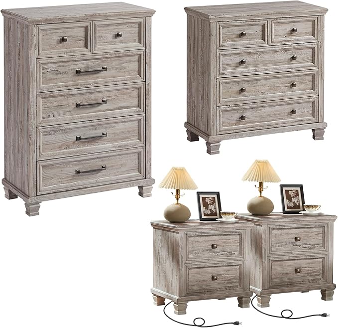 Farmhouse Bedroom Dresser and Nightstand Set of 4, 6 Drawer Tall & 5 Drawers Dresser & 2 Drawer Nightstand Set, Rustic Wood Furniture Set for Bedroom, Hallway, Grey