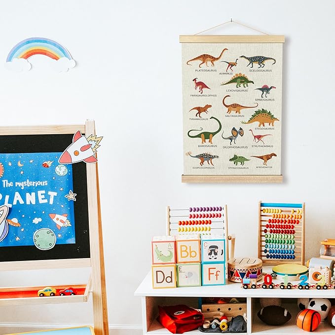 BCUANGD Dinosaur Dino Wall Decor - Baby Toddler Boys Room Wall Art Poster Hanger with Wood Frames, Inspirational Hanging Canvas Decor for Kids Room Playroom Nursery Bedroom, 12x16 Inches